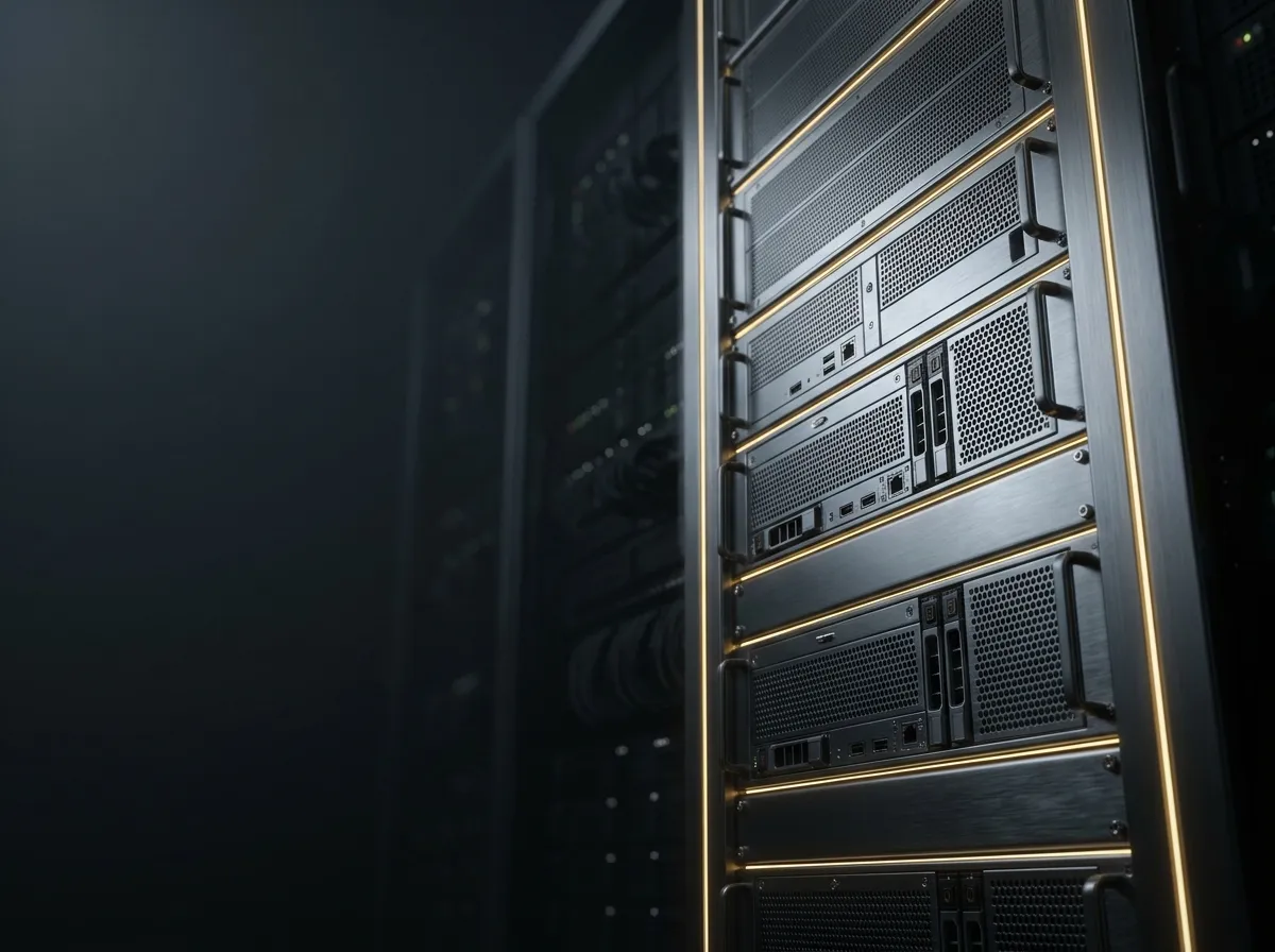 A dark aluminium server with gold light on its edges